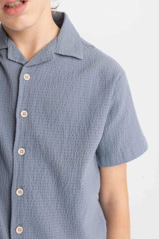 Erkek Çocuk Oversize Geniş Kalıp Polo Yaka Gofre Dokulu Kısa Kollu Gömlek