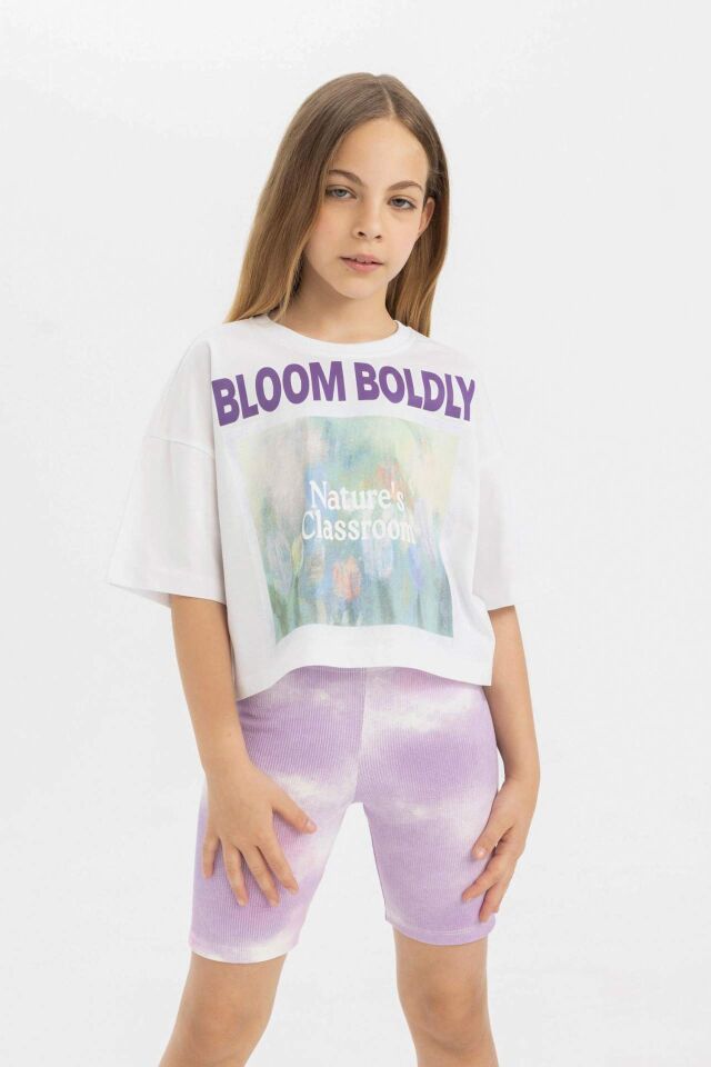 Kız Çocuk Bisiklet Yaka Baskılı Kısa Kollu Crop Tişört