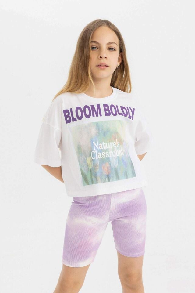 Kız Çocuk Bisiklet Yaka Baskılı Kısa Kollu Crop Tişört