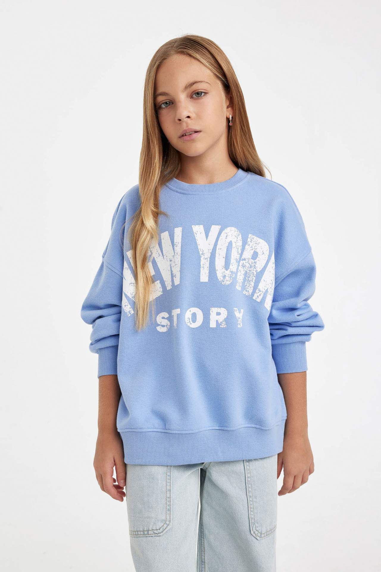 Kız Çocuk Oversize Geniş Kalıp Bisiklet Yaka Baskılı Sweatshirt