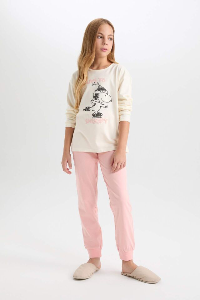 Kız Çocuk Pijama Takımı Snoopy Uzun Kollu Üst Beli Lastikli Uzun Alt