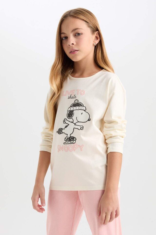 Kız Çocuk Pijama Takımı Snoopy Uzun Kollu Üst Beli Lastikli Uzun Alt