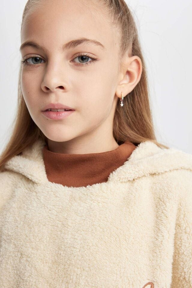 Kız Çocuk Oversize Geniş Kalıp Kapüşonlu Pelüş Sweatshirt
