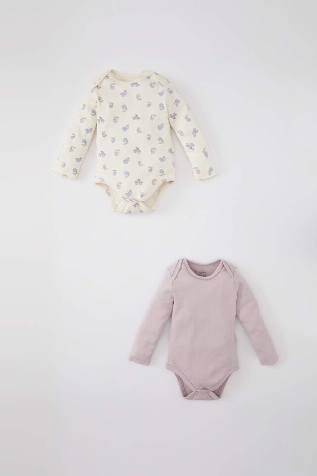 Kız Bebek Yeni Doğan Zarf Yaka Meyve Desenli 2'li Uzun Kollu Çıtçıtlı Body