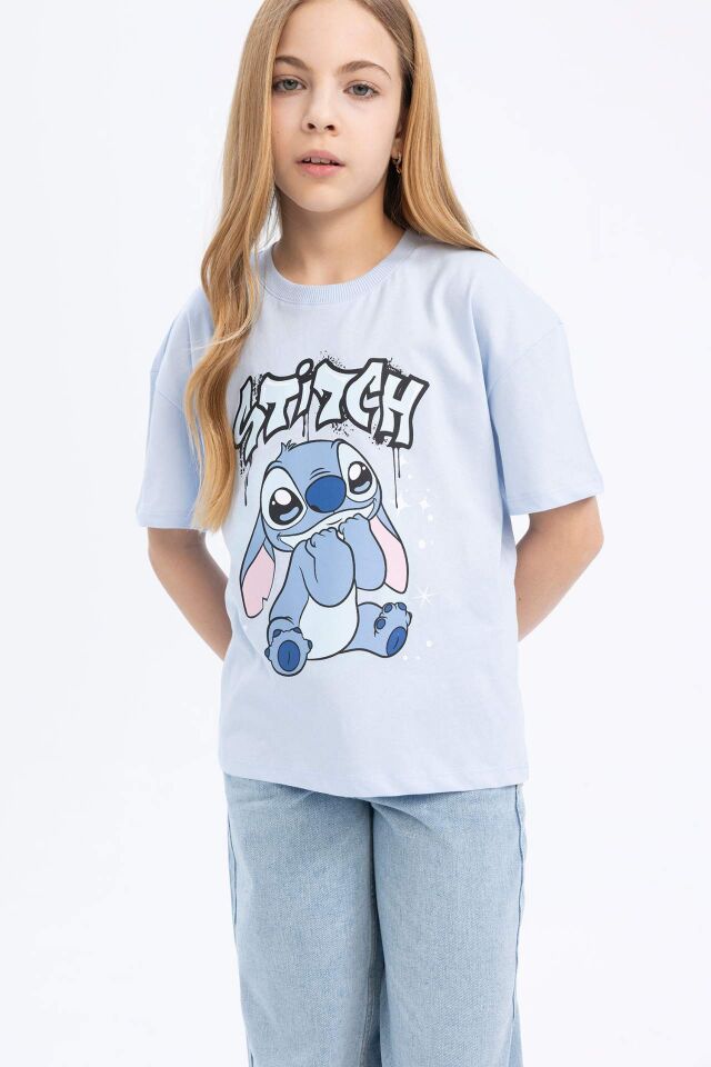 Kız Çocuk Disney Lilo & Stitch Relax Fit Bisiklet Yaka Kısa Kollu Tişört