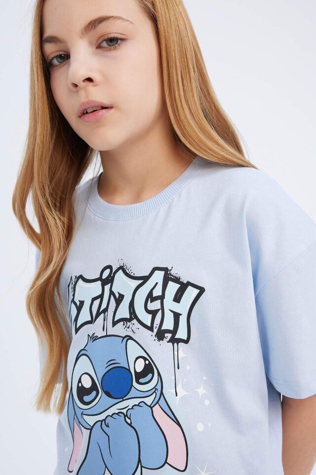 Kız Çocuk Disney Lilo & Stitch Relax Fit Bisiklet Yaka Kısa Kollu Tişört