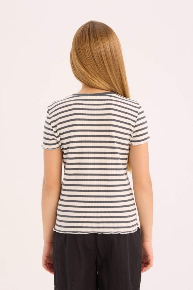 Kız Çocuk Slim Fit Dar Kesim Bisiklet Yaka Çizgili Fitilli Kaşkorse Kısa Kollu Tişört