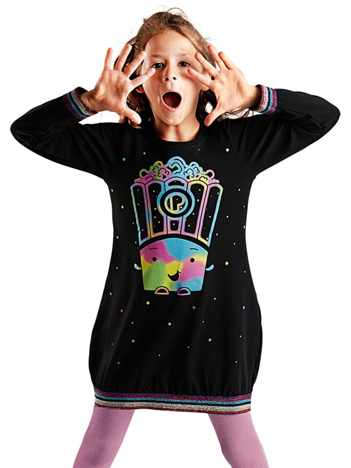 Popcorn Siyah Kız Çocuk Elbise 4 Y - Renkli Baskı Siyah