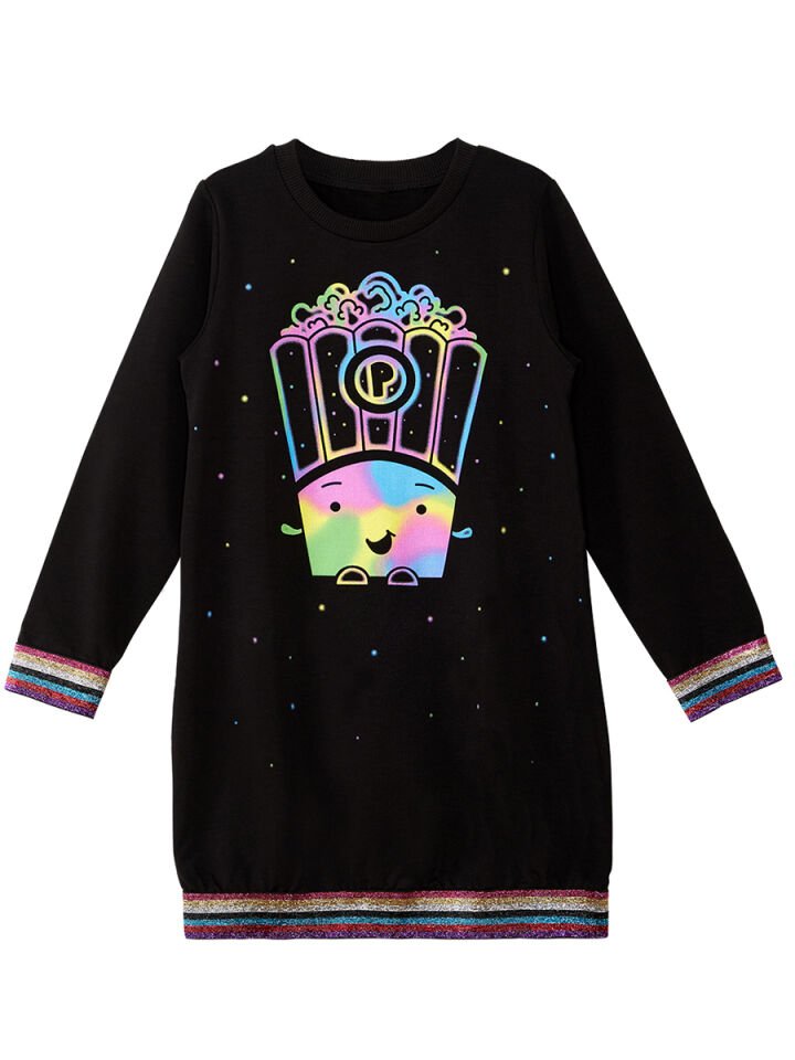 Popcorn Siyah Kız Çocuk Elbise 4 Y - Renkli Baskı Siyah