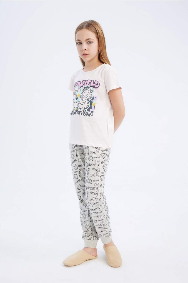 Kız Çocuk Garfield Pijama Takımı Kısa Kollu Üst Beli Lastikli Uzun Alt
