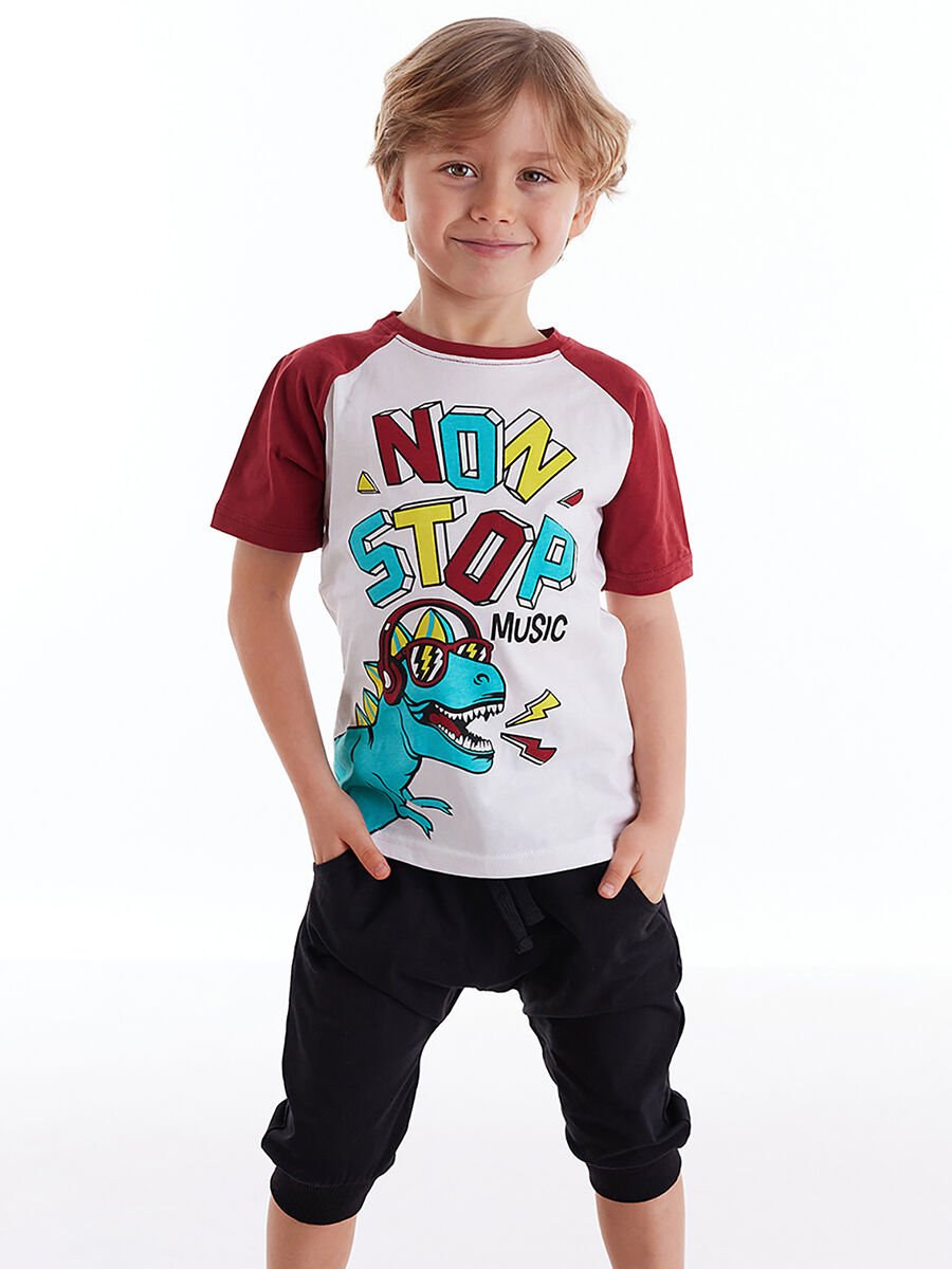 Dino Music Erkek Çocuk T-shirt Kapri Şort Takım 6 Y - Beyaz, Bordo, Siyah