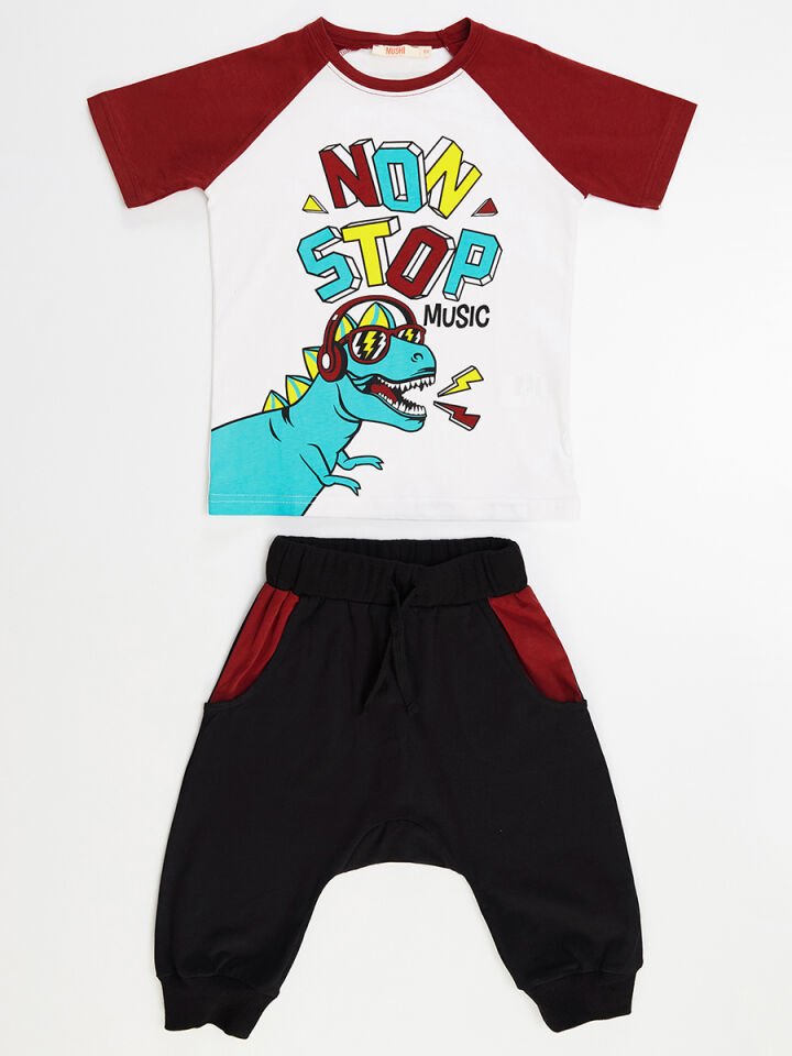 Dino Music Erkek Çocuk T-shirt Kapri Şort Takım 6 Y - Beyaz, Bordo, Siyah