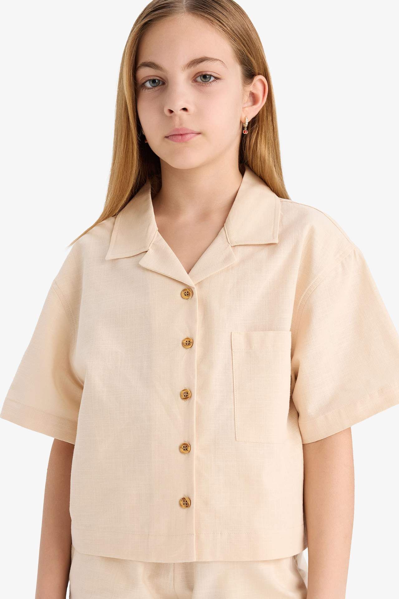 Kız Çocuk Cropped Fit Keten Kısa Kollu Gömlek