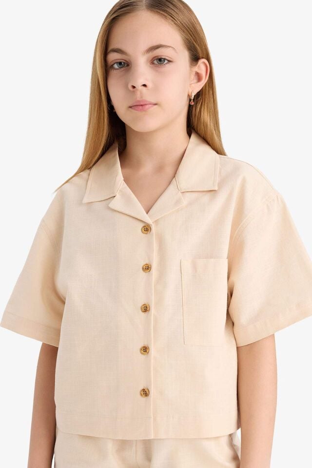 Kız Çocuk Cropped Fit Keten Kısa Kollu Gömlek