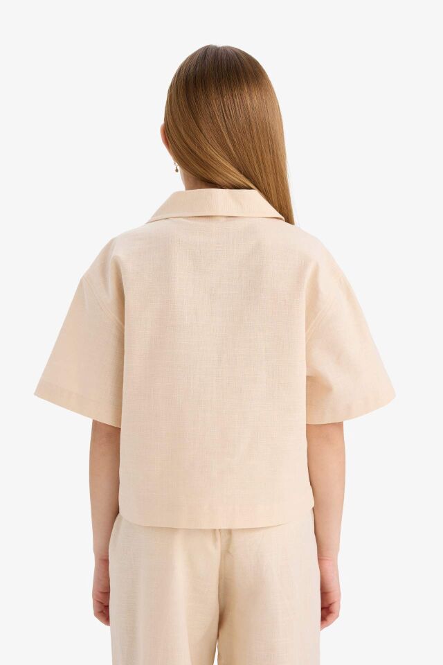 Kız Çocuk Cropped Fit Keten Kısa Kollu Gömlek