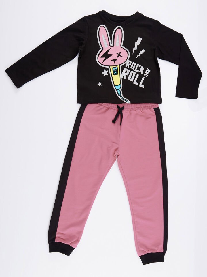 Rock And Bunny Kız Çocuk T-shirt Pantolon Takım 4 Y - Siyah, Pembe