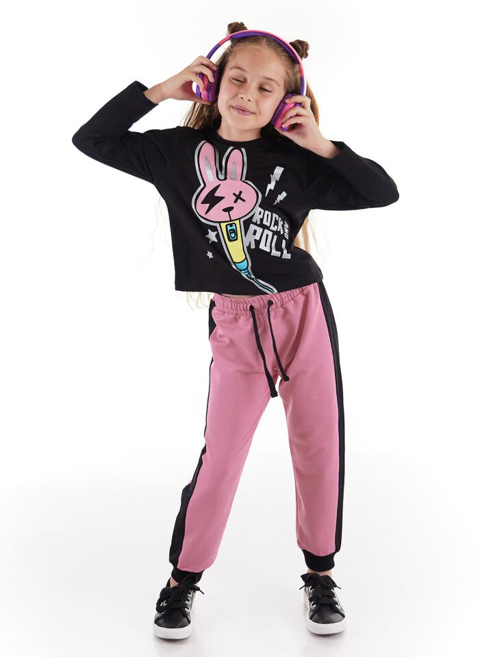 Rock And Bunny Kız Çocuk T-shirt Pantolon Takım 5 Y - Siyah, Pembe