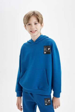 Erkek Çocuk Oversize Geniş Kalıp Kapüşonlu Cepli Kalın Okul Sweatshirt