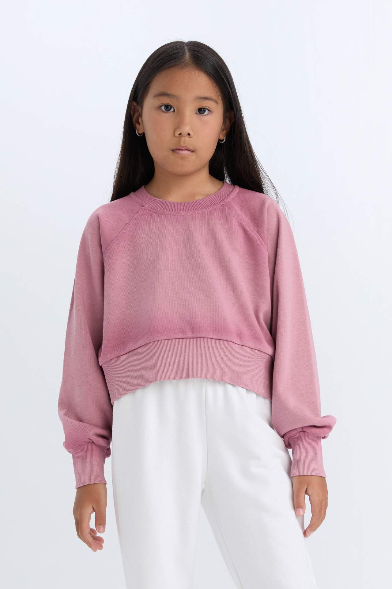 Kız Çocuk Relax Fit Bisiklet Yaka Crop Basic Düz Sweatshirt