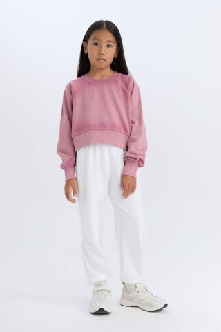 Kız Çocuk Relax Fit Bisiklet Yaka Crop Basic Düz Sweatshirt
