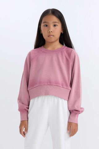 Kız Çocuk Relax Fit Bisiklet Yaka Crop Basic Düz Sweatshirt