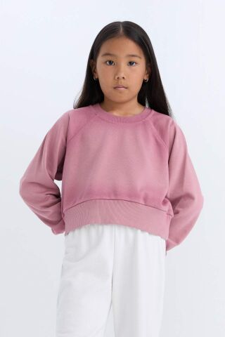 Kız Çocuk Relax Fit Bisiklet Yaka Crop Basic Düz Sweatshirt