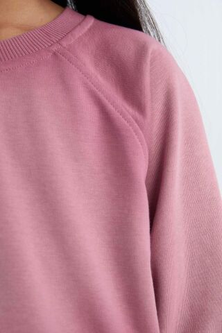 Kız Çocuk Relax Fit Bisiklet Yaka Crop Basic Düz Sweatshirt