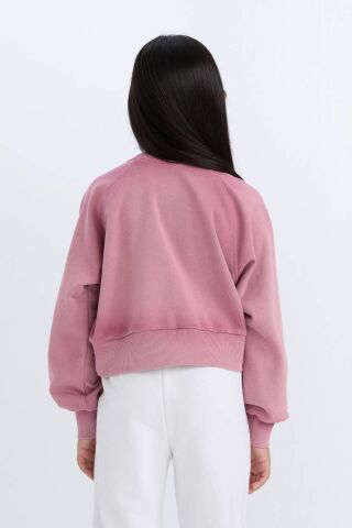Kız Çocuk Relax Fit Bisiklet Yaka Crop Basic Düz Sweatshirt