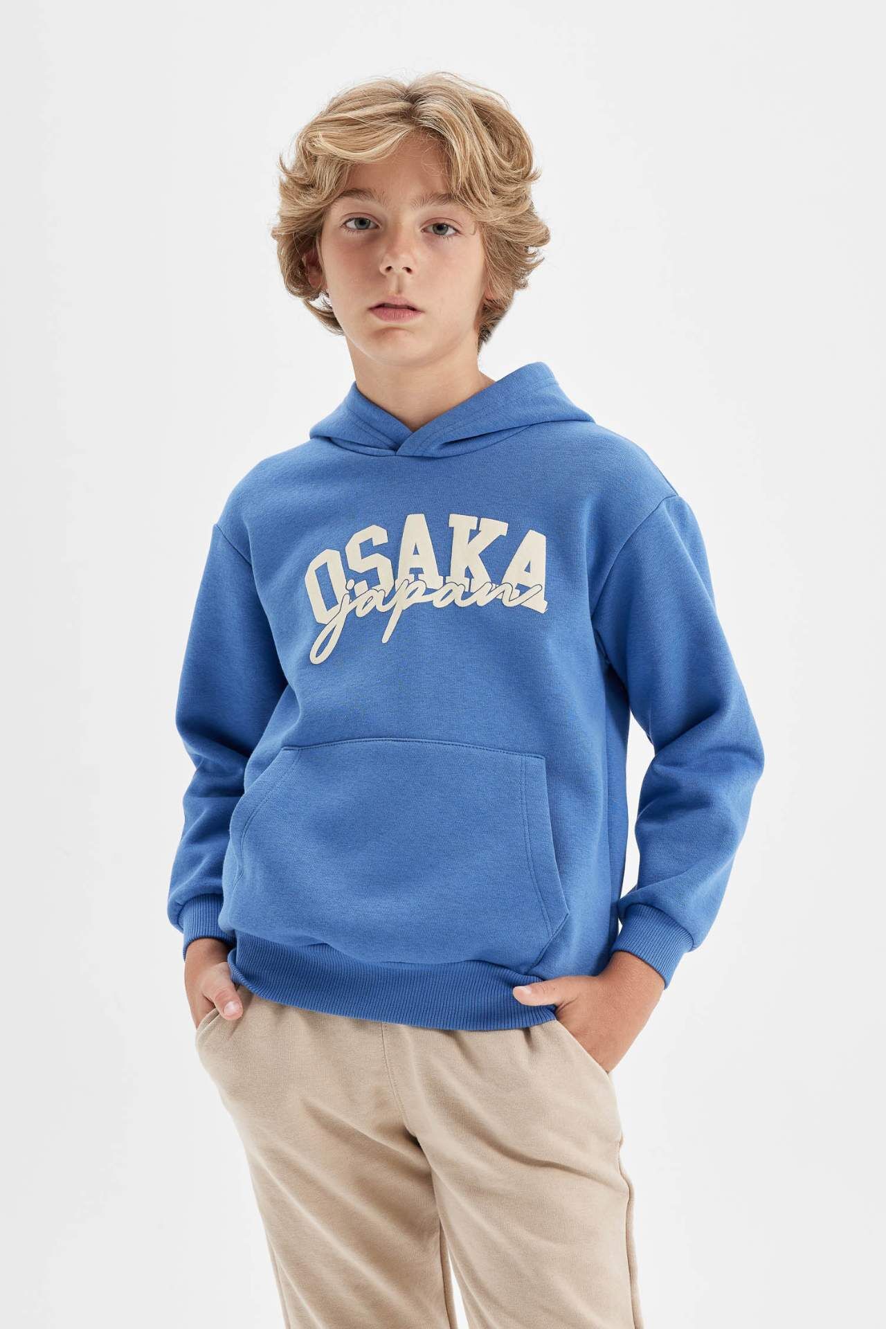 Erkek Çocuk Mavi Baskılı Kapüşonlu Cepli Sweatshirt