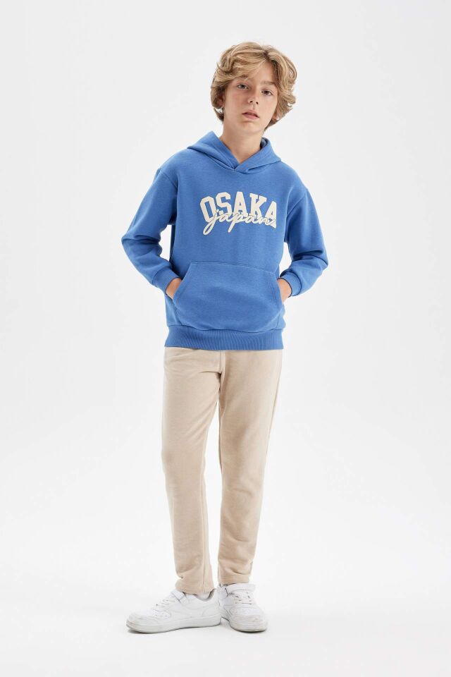 Erkek Çocuk Mavi Baskılı Kapüşonlu Cepli Sweatshirt