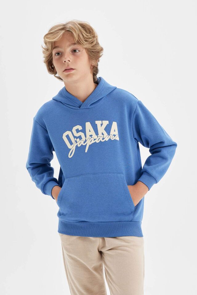 Erkek Çocuk Mavi Baskılı Kapüşonlu Cepli Sweatshirt