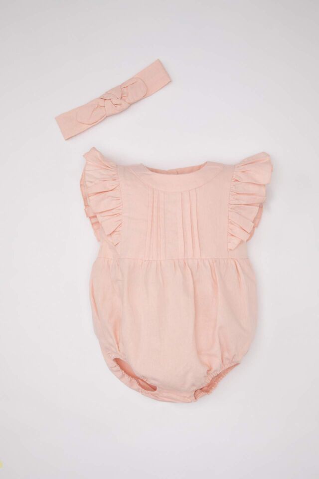 Kız Bebek Yenidoğan 2'li Takım Keten Çıtçıtlı Kolsuz Tulum Bandana