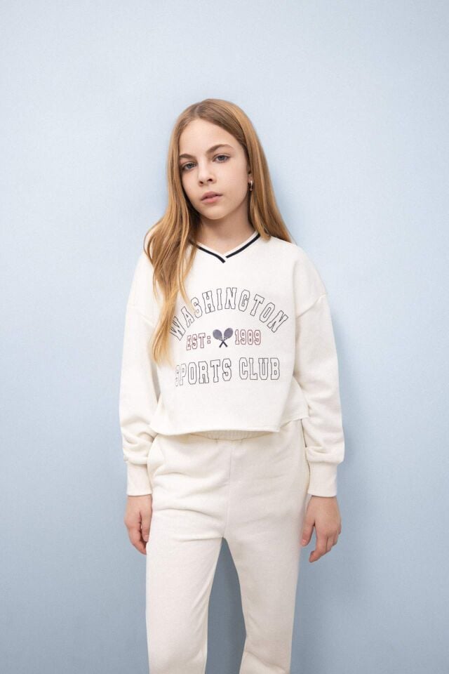 Kız Çocuk 2'li Takım Baskılı Sweatshirt Beli Paçası Lastikli Eşofman Altı