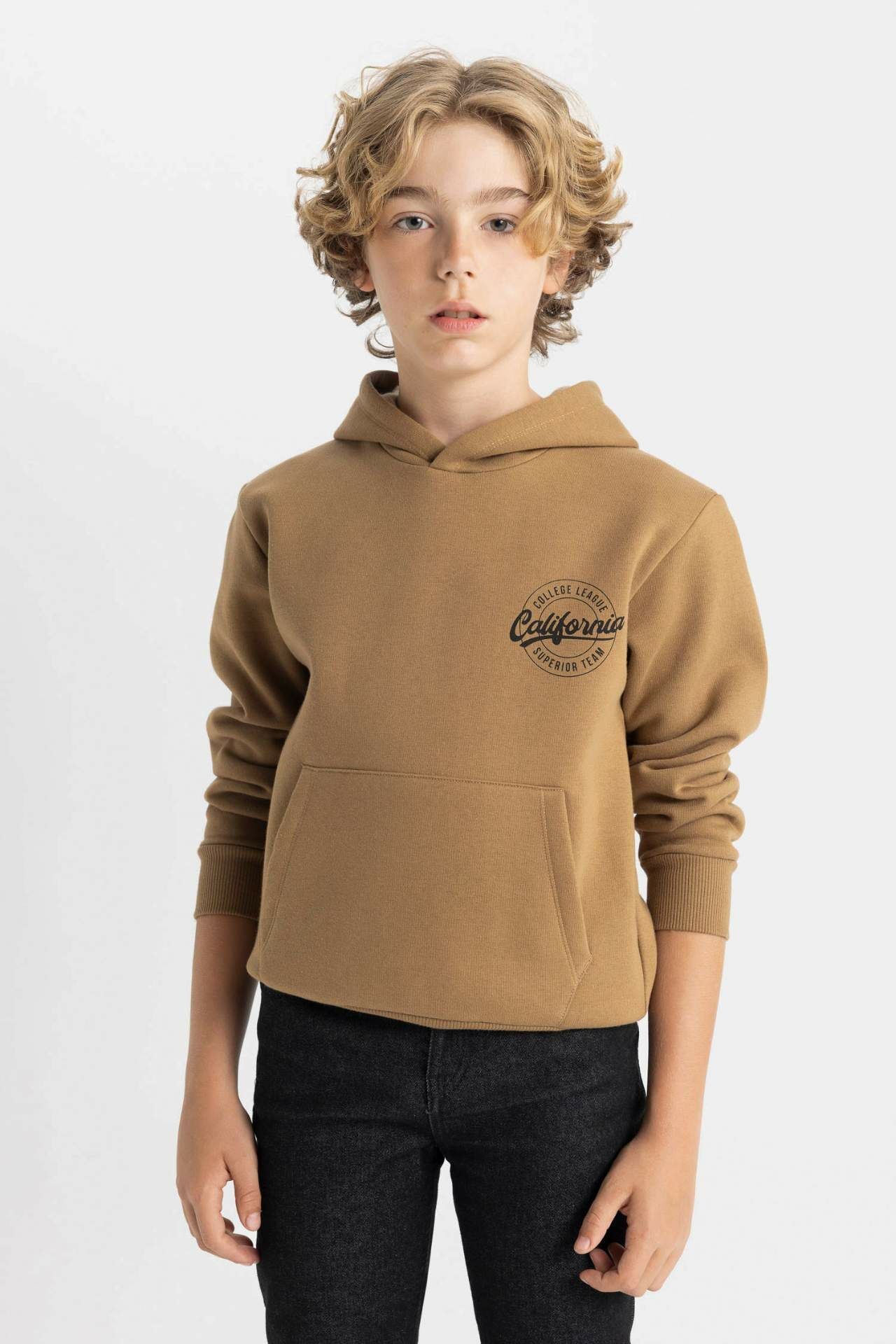 Erkek Çocuk Cepli Yazı Baskılı Kapüşonlu Kalın Okul Sweatshirt
