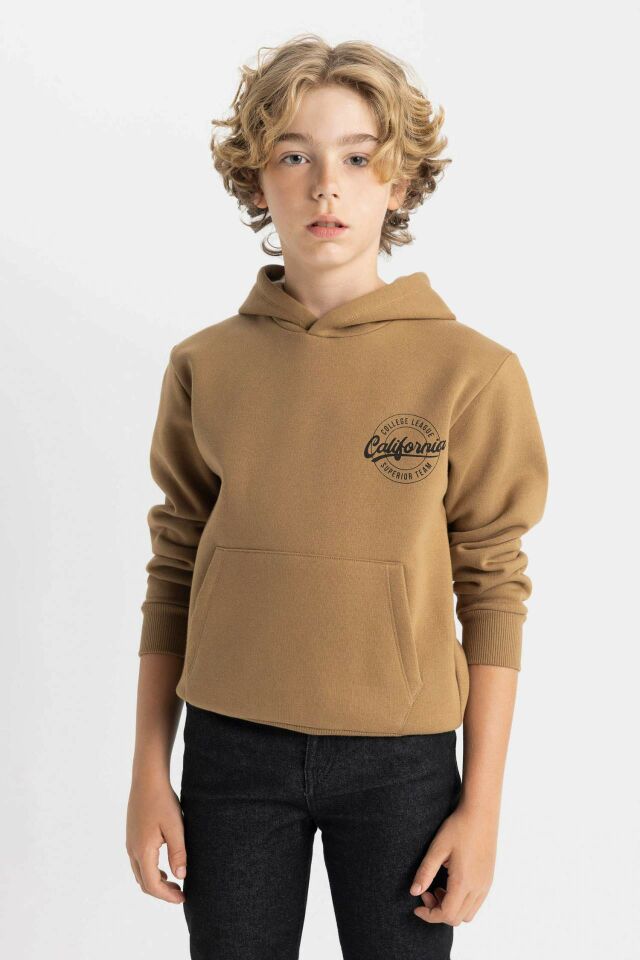 Erkek Çocuk Cepli Yazı Baskılı Kapüşonlu Kalın Okul Sweatshirt