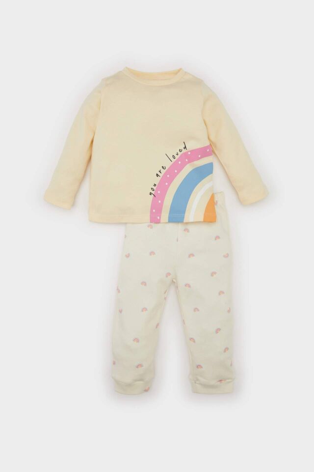 Kız Bebek Pijama Takımı Gökkuşağı Baskılı Uzun Kollu Üst Beli Lastikli Alt