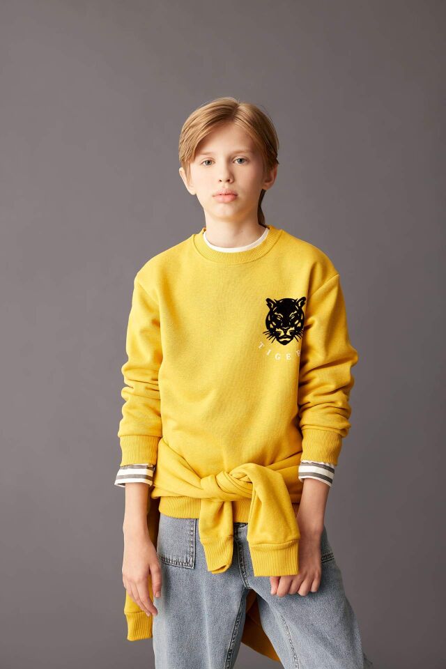 Erkek Çocuk Sarı Bisiklet Yaka Kaplan Baskılı Sweatshirt