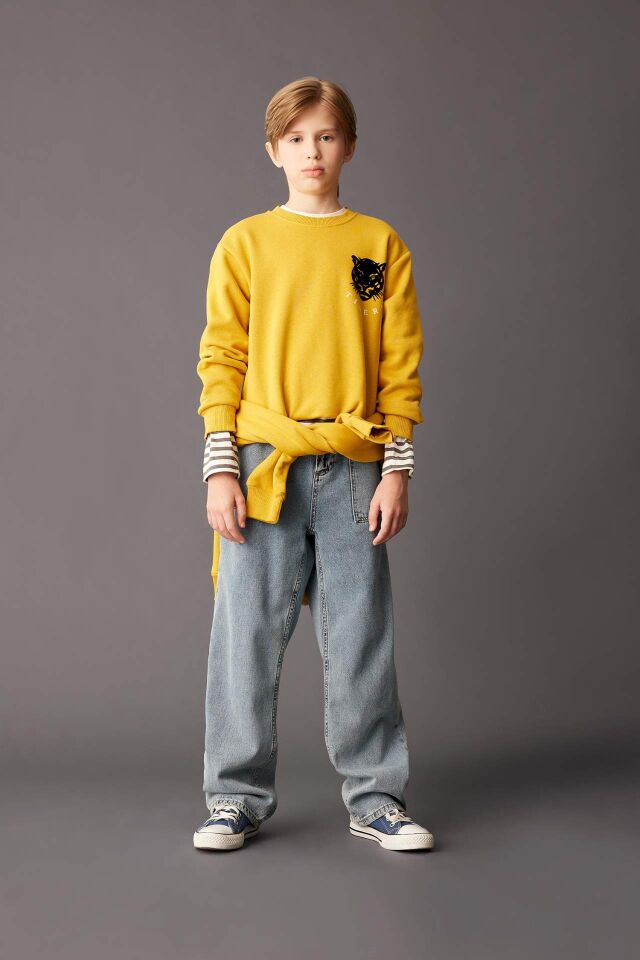 Erkek Çocuk Sarı Bisiklet Yaka Kaplan Baskılı Sweatshirt