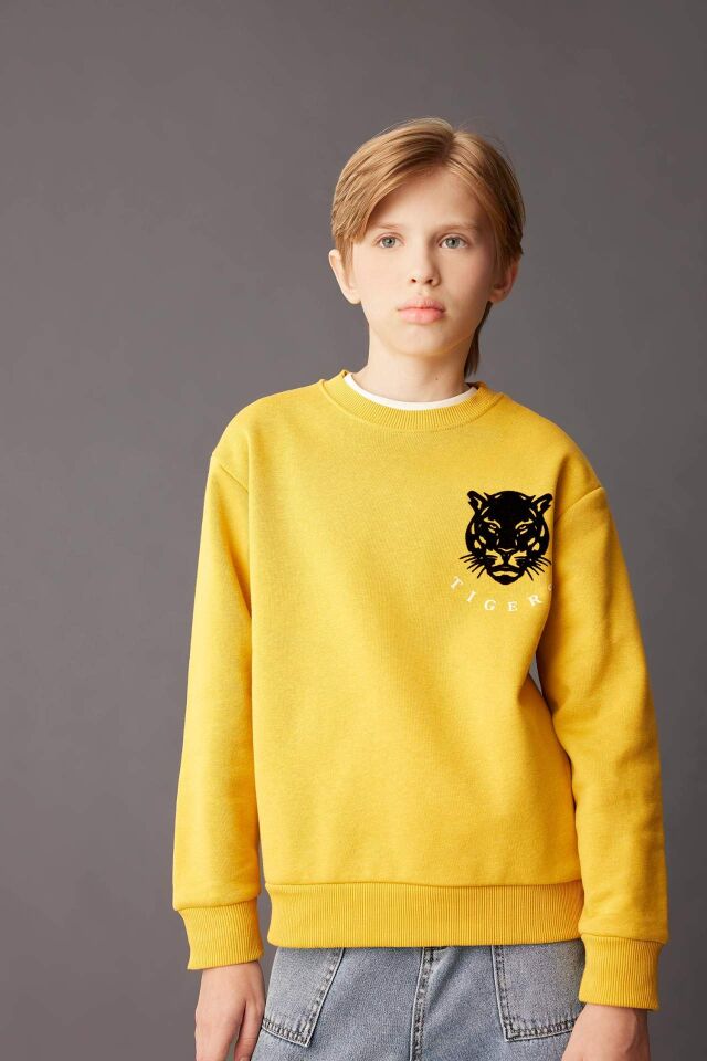 Erkek Çocuk Sarı Bisiklet Yaka Kaplan Baskılı Sweatshirt