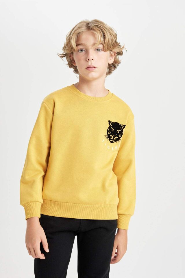 Erkek Çocuk Sarı Bisiklet Yaka Kaplan Baskılı Sweatshirt