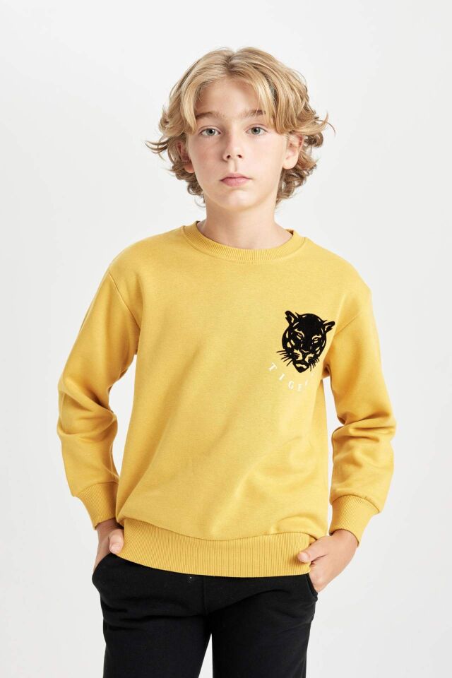 Erkek Çocuk Sarı Bisiklet Yaka Kaplan Baskılı Sweatshirt
