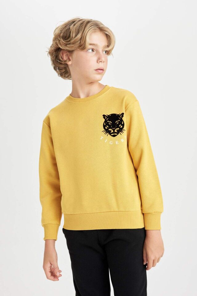 Erkek Çocuk Sarı Bisiklet Yaka Kaplan Baskılı Sweatshirt
