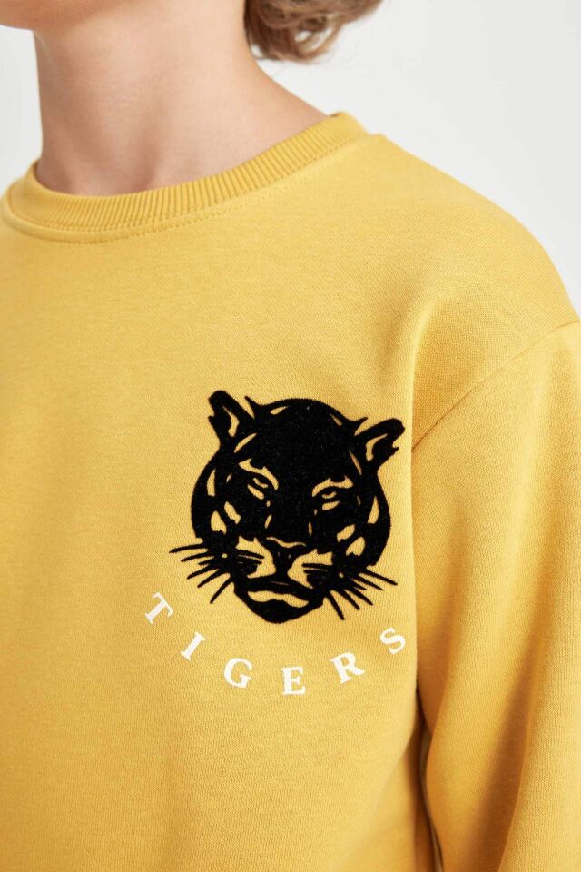 Erkek Çocuk Sarı Bisiklet Yaka Kaplan Baskılı Sweatshirt
