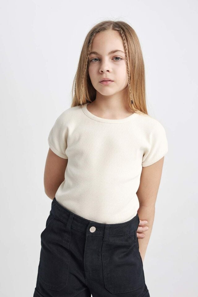 Kız Çocuk Slim Fit Dar Kesim Bisiklet Yaka Basic Düz Fitilli Kaşkorse Kısa Kollu Tişört