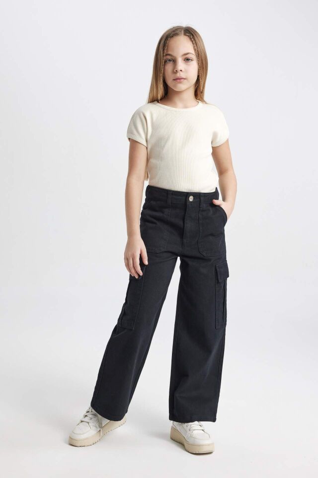 Kız Çocuk Slim Fit Dar Kesim Bisiklet Yaka Basic Düz Fitilli Kaşkorse Kısa Kollu Tişört