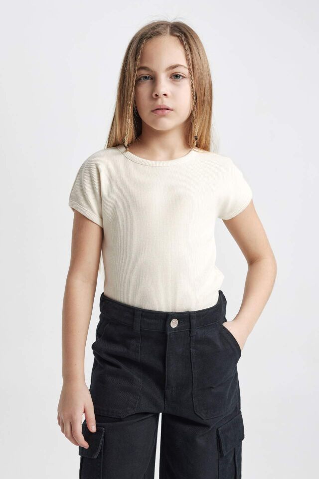 Kız Çocuk Slim Fit Dar Kesim Bisiklet Yaka Basic Düz Fitilli Kaşkorse Kısa Kollu Tişört