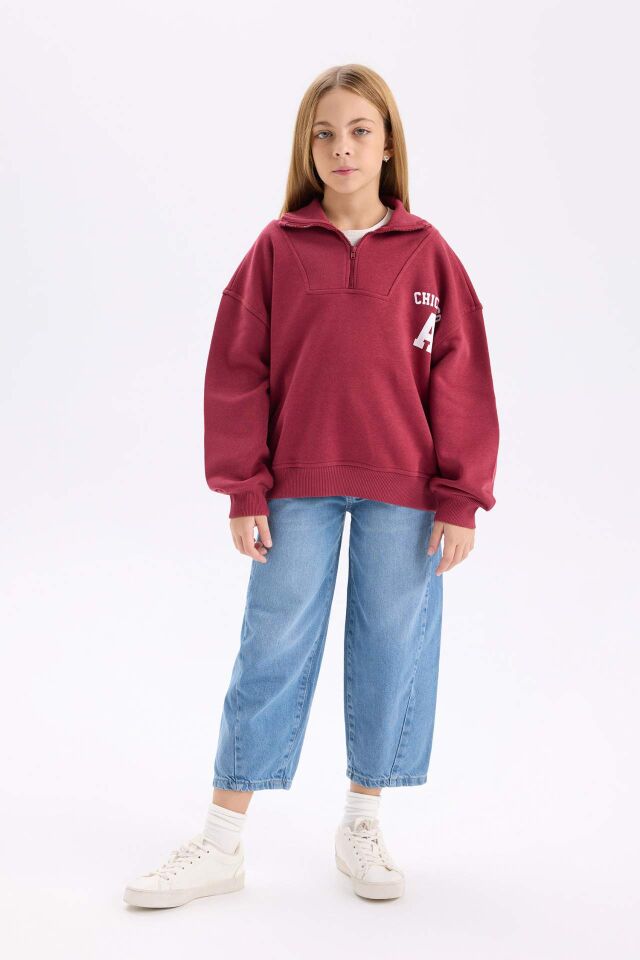 Kız Çocuk Oversize Geniş Kalıp Fermuarlı Dik Yaka Baskılı İçi Yumuşak Tüylü Kalın Sweatshirt