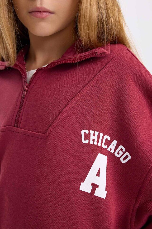 Kız Çocuk Oversize Geniş Kalıp Fermuarlı Dik Yaka Baskılı İçi Yumuşak Tüylü Kalın Sweatshirt