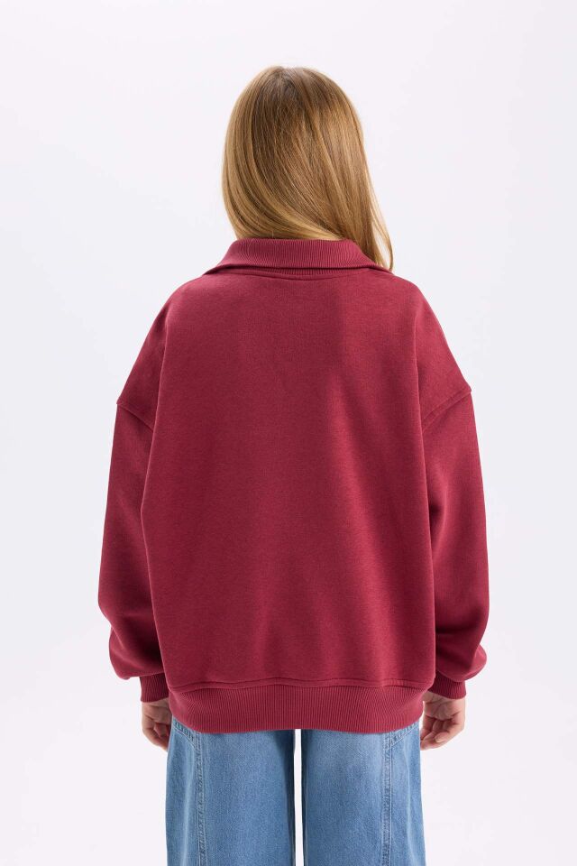 Kız Çocuk Oversize Geniş Kalıp Fermuarlı Dik Yaka Baskılı İçi Yumuşak Tüylü Kalın Sweatshirt