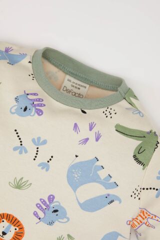 Erkek Bebek Pijama Takımı Safari Baskılı Bisiklet Yaka Uzun Kollu Üst Beli Lastikli Uzun Alt